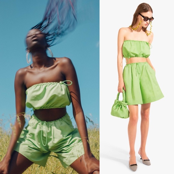 STAUD Lime Green High Rise Drawstring Waist Relaxed Fit Sporty Nylon Shorts S - Picture 1 of 6